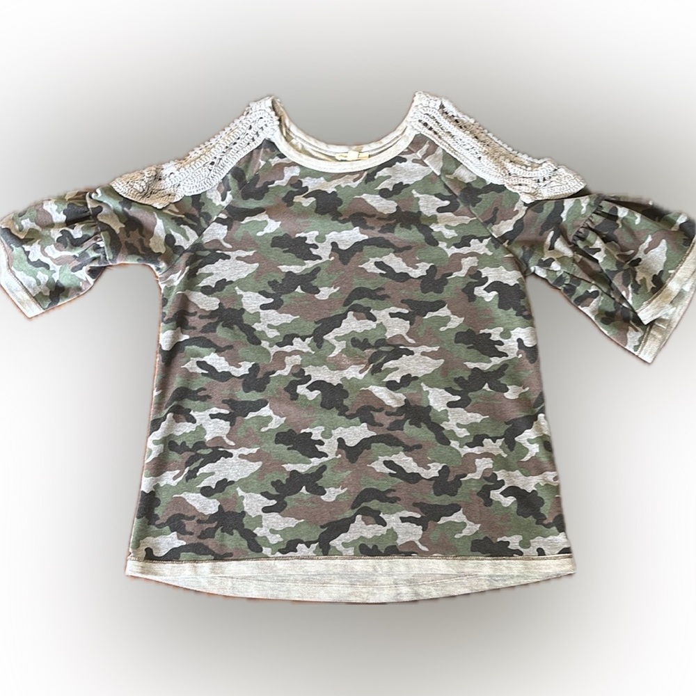 Oddly | Camo Cold Shoulder Top crochet detail bell sleeves